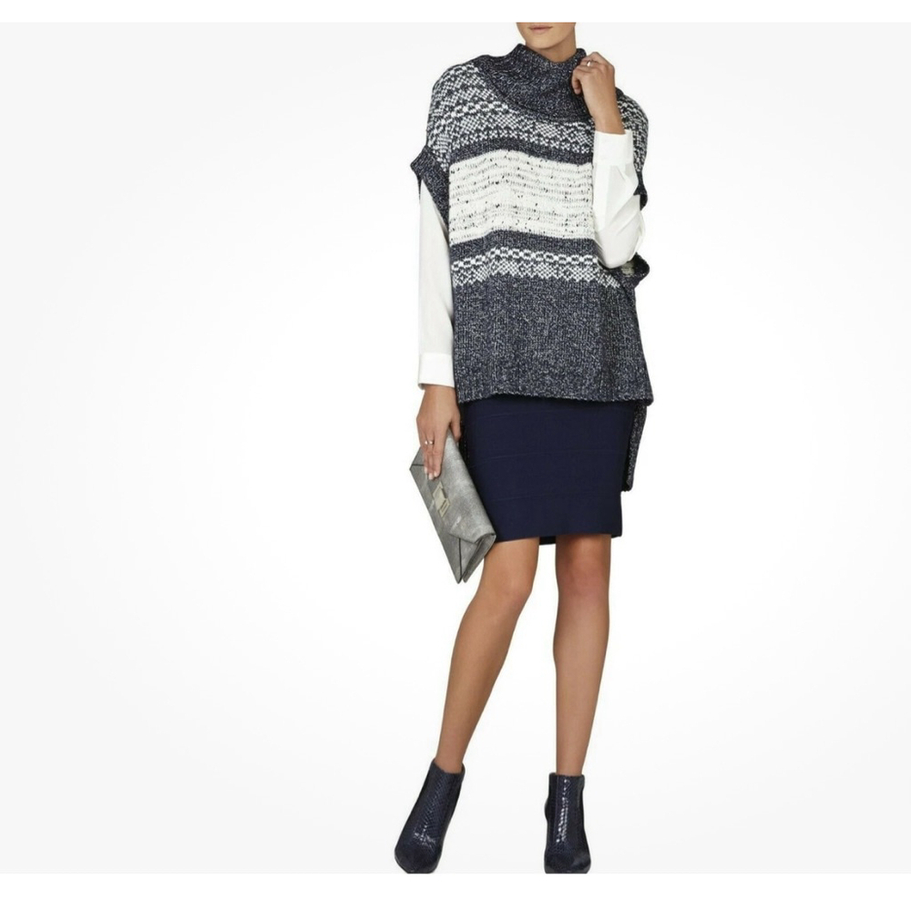 Women's BCBG Navy White Fair Isle Cowl Neck Poncho Sweater XS